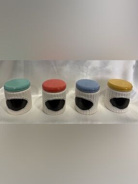 Set of 4 chalkboard Ceramic Storage Jars with Colored Lids